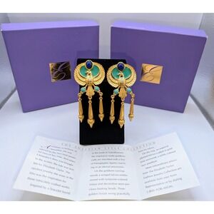 Elizabeth Taylor Avon Egyptian Revival Falcon Clip Earrings Gold 3in Vintage Set